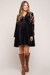 Black Velvet Floral Long Sleeve Maternity Dress