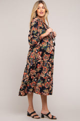 Black Floral Ruffle Neck Tiered Maternity Midi Dress