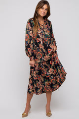 Black Floral Ruffle Neck Tiered Midi Dress