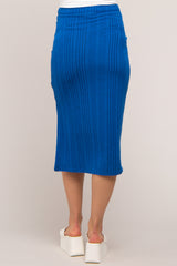 Royal Blue Soft Knit Ribbed Side Slit Maternity Midi Skirt