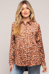 Brown Floral Corduroy Button Up Maternity Top