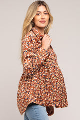 Brown Floral Corduroy Button Up Maternity Top