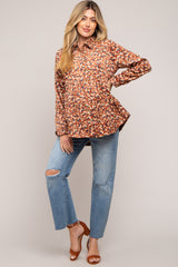 Brown Floral Corduroy Button Up Maternity Top