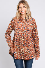 Brown Floral Corduroy Button Up Maternity Top