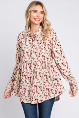 Cream Floral Corduroy Button Up Top