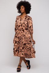 Brown Floral Collared Tiered Midi Dress