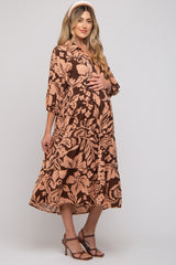 Brown Floral Collared Tiered Maternity Midi Dress