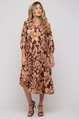 Brown Floral Collared Tiered Maternity Midi Dress