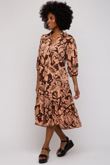 Brown Floral Collared Tiered Midi Dress