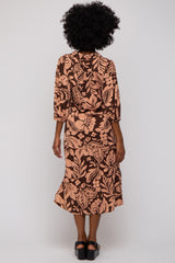 Brown Floral Collared Tiered Midi Dress