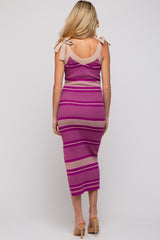 Magenta Striped Ribbed Sleeveless Knit Maternity Dress