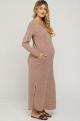 Mocha Heathered Pocketed Long Sleeve Maternity Maxi Dress