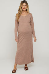 Mocha Heathered Pocketed Long Sleeve Maternity Maxi Dress