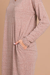 Mocha Heathered Pocketed Long Sleeve Maxi Dress