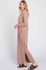 Mocha Heathered Pocketed Long Sleeve Maxi Dress