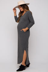 Charcoal Heathered Pocketed Long Sleeve Maternity Maxi Dress