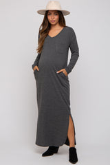 Charcoal Heathered Pocketed Long Sleeve Maternity Maxi Dress