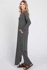 Charcoal Heathered Pocketed Long Sleeve Maxi Dress