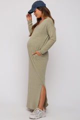 Light Olive Heathered Pocketed Long Sleeve Maternity Maxi Dress