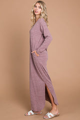 Plum Heathered Pocketed Long Sleeve Maxi Dress