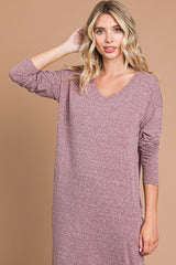 Plum Heathered Pocketed Long Sleeve Maxi Dress