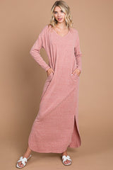 Pink Heathered Pocketed Long Sleeve Maxi Dress