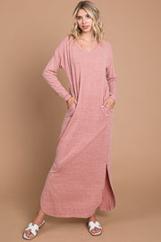 Pink Heathered Pocketed Long Sleeve Maxi Dress