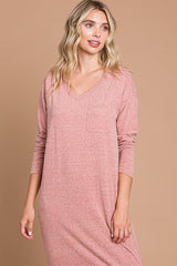 Pink Heathered Pocketed Long Sleeve Maxi Dress