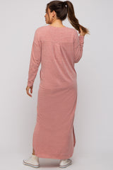 Pink Heathered Pocketed Long Sleeve Maternity Maxi Dress