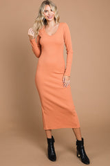 Peach Ribbed Long Sleeve Maternity Maxi Dress