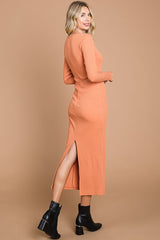 Peach Ribbed Long Sleeve Maxi Dress