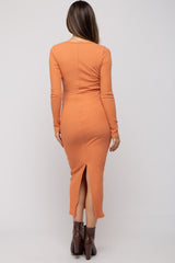 Peach Ribbed Long Sleeve Maternity Maxi Dress