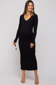 Black Ribbed Long Sleeve Maternity Maxi Dress