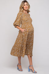 Camel Floral Smocked 3/4 Sleeve Maternity Midi Dress