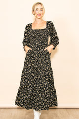 Black Floral Smocked Long Sleeve Maternity Maxi Dress