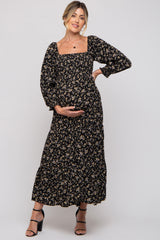 Black Floral Smocked Long Sleeve Maternity Maxi Dress