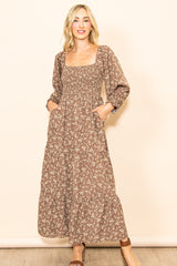 Mocha Floral Smocked Long Sleeve Maxi Dress