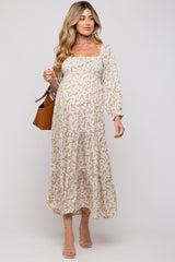 Cream Floral Smocked Long Sleeve Maternity Maxi Dress