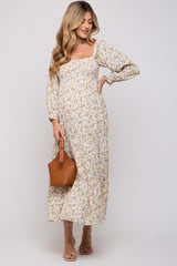 Cream Floral Smocked Long Sleeve Maternity Maxi Dress