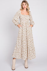 Cream Floral Smocked Long Sleeve Maternity Maxi Dress