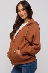 Camel Front Zipper Hooded Maternity Sweater