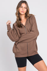 Brown Front Zipper Hooded Maternity Sweater