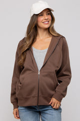 Brown Front Zipper Hooded Maternity Sweater