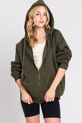 Olive Front Zipper Hooded Sweater