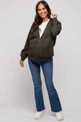 Olive Front Zipper Hooded Maternity Sweater