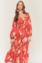 Rust Floral Square Neck Long Sleeve Midi Dress