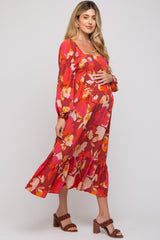 Rust Floral Square Neck Long Sleeve Maternity Midi Dress