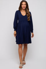 Navy Long Puff Sleeve Maternity Dress