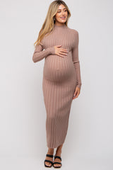 Taupe Ribbed Turtle Neck Maternity Midi Dress