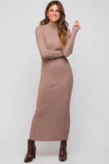 Taupe Ribbed Turtle Neck Midi Dress